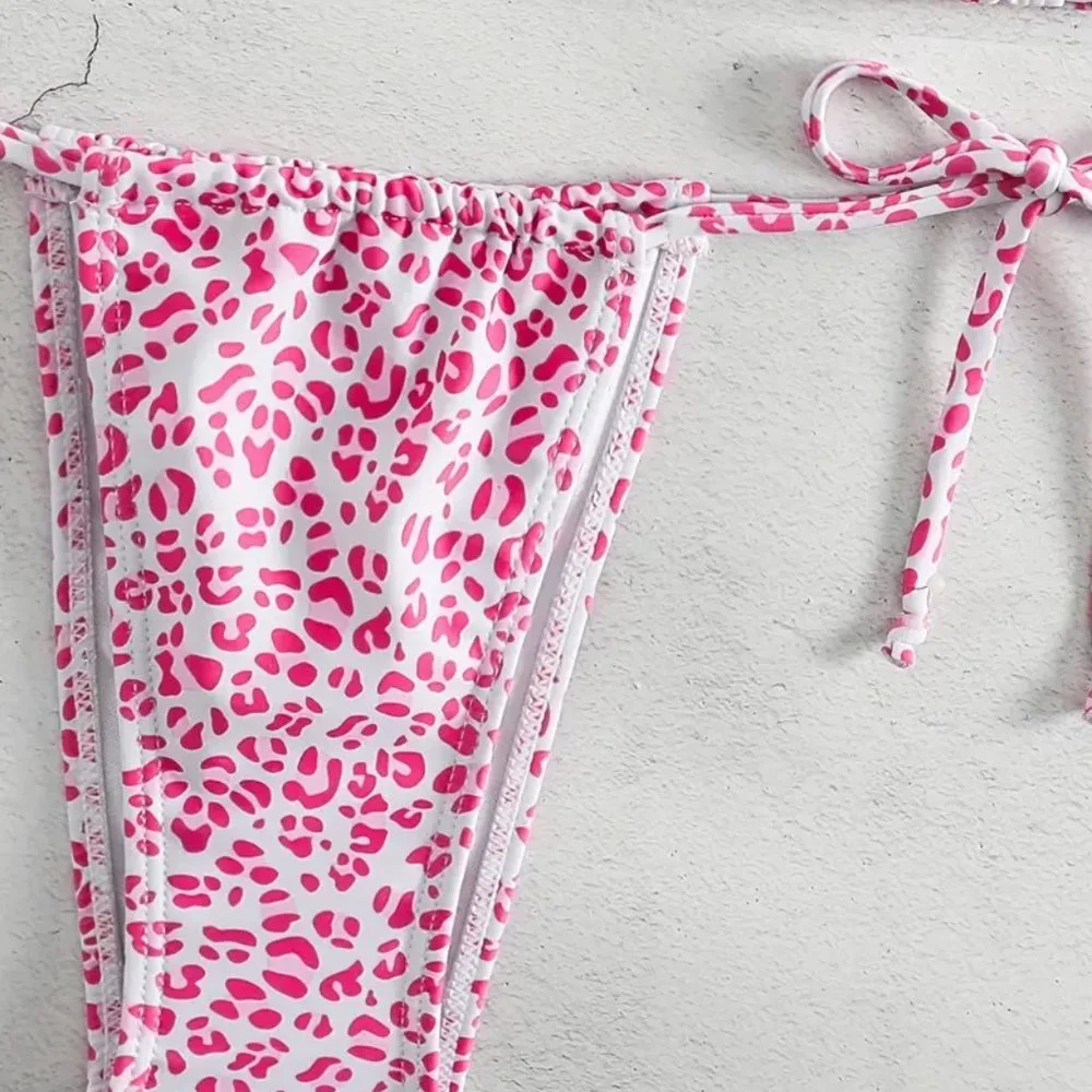 2 Piece Swimsuit, Halter Tide Side Triangle Bikini, Spaghetti Strap - Pink